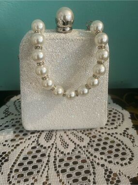 Nina Pearl-Embellished White Glitter purse. Would be beautiful for wedding too!